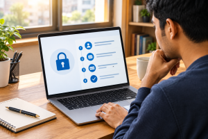 An investor resetting account credentials on a laptop with a digital security lock icon on screen